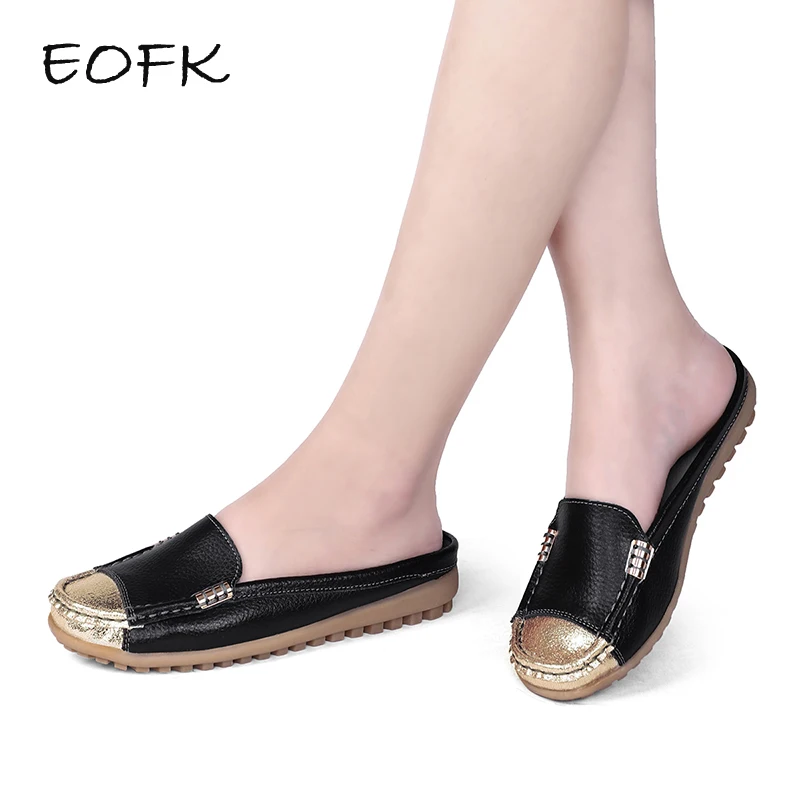 comprar EOFK Verão Mulheres Chinelos de couro Genuíno Handmade Patchwork Ouro Senhoras Preto Liso Com Slides Sandália Respirável Sapatos Meia