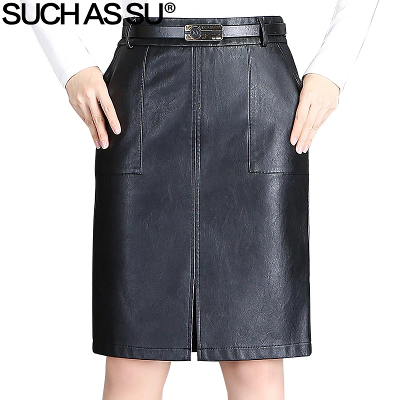 Goedkoop ZOALS SU Gloednieuwe Winter 2017 PU Lederen Rok Vrouwen Bezetting Werk Potlood Rok S 3XL Size Zwarte Hoge Taille herfst Rok