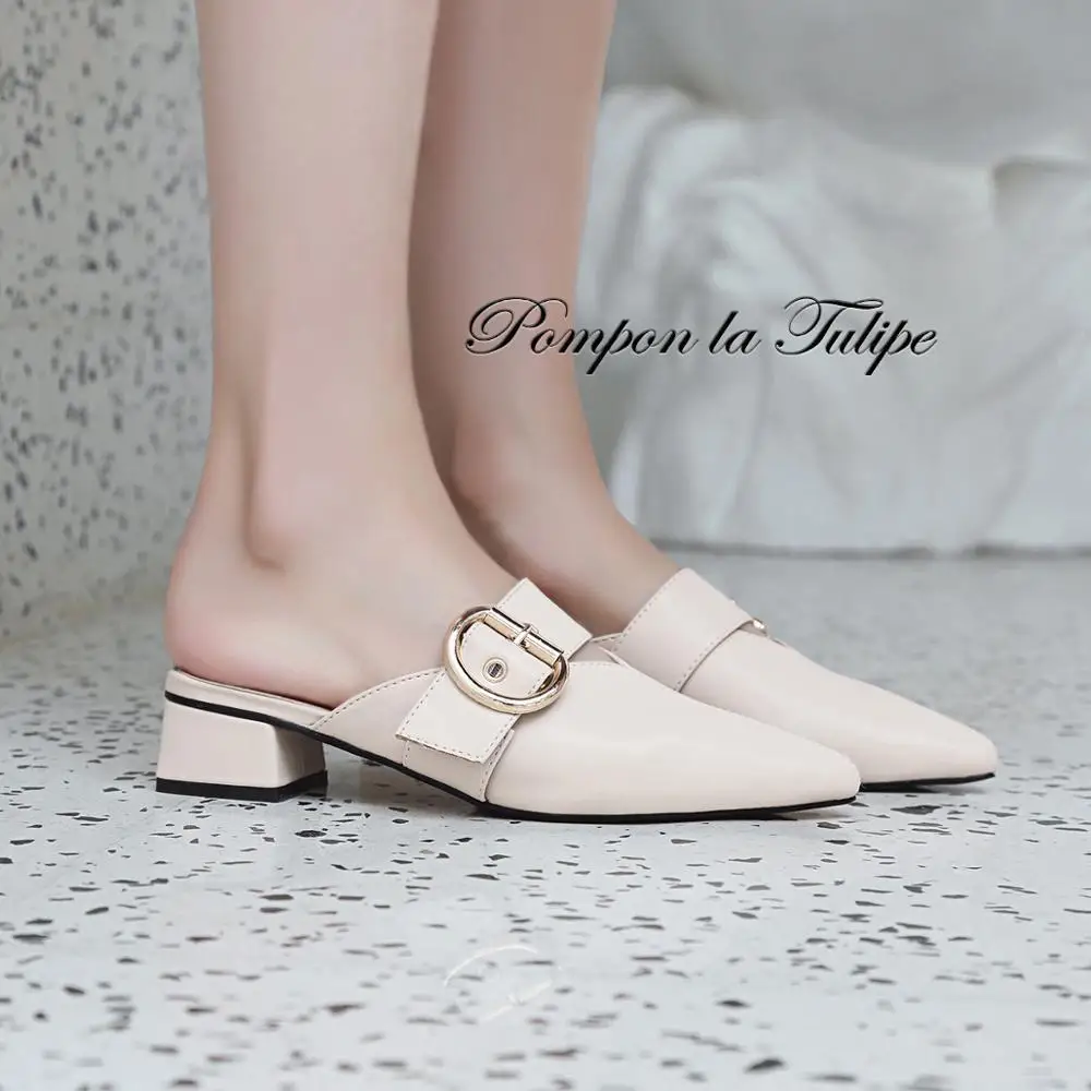 

BHS 9011126 chunky heels comfy summer spring shoes medium heels mules concise pumps with metal decorated