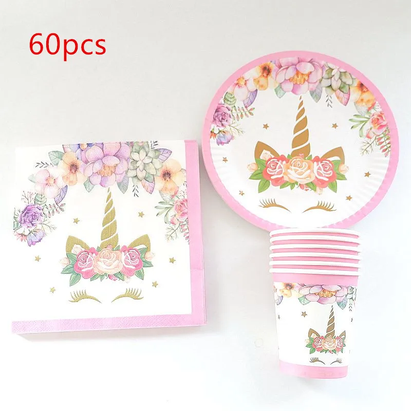 

60pcs/lot Wedding Party Flower Unicorn Design Napkins Happy Birthday Decoration Plates Girls Kids Women Favors Events Paper Cups