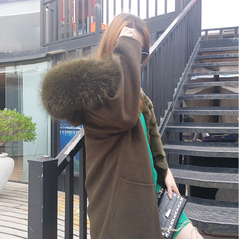 2018 nueva moda invierno Parka lana cachemir abrigo de piel para mujer abrigo cuello con capucha Rex piel de conejo forro de calidad superior - 3