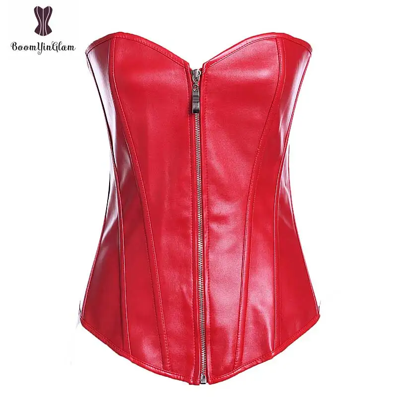 

Sexy Red Faux Leather Corset Plus Size Korse Plastic Boned Black Korset Overbust Corselet Women Outwear Zipper Closure Bustier