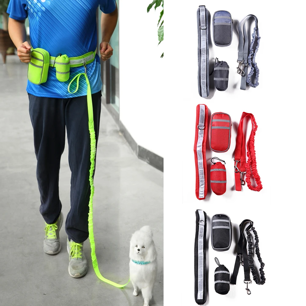 TINGHAO Elastic Pet Dog Leash Set Waist Belt Reflective Strap + Zipper Bag + Bottle Holderdog