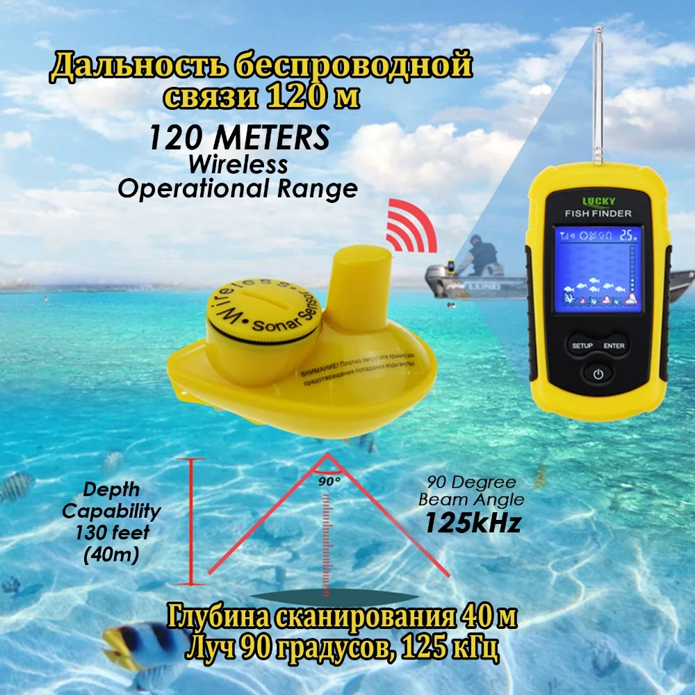 LUCKY FFCW1108-1 Беспроводной эхолот для рыбалки дальность действия 120 метров, глубина сканирования 40 м