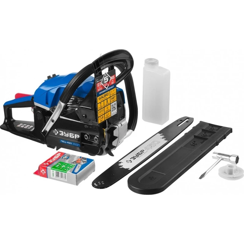 Пила цепная бензиновая ЗУБР ПРОФЕССИОНАЛ ПБЦ-490 45ДП (Мощность 2200 Вт, объем двигателя 49.3 см3, объем топливного бака 0.6 л, объем масляного бака 0.3 л, длина шины 450 мм)