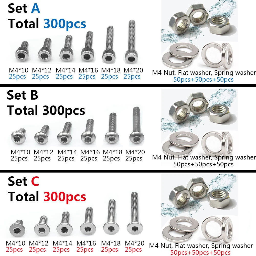 

300pcs M4 304 Stainless Steel Allen Screws Bolt With Hex Nuts Washers Assortment
