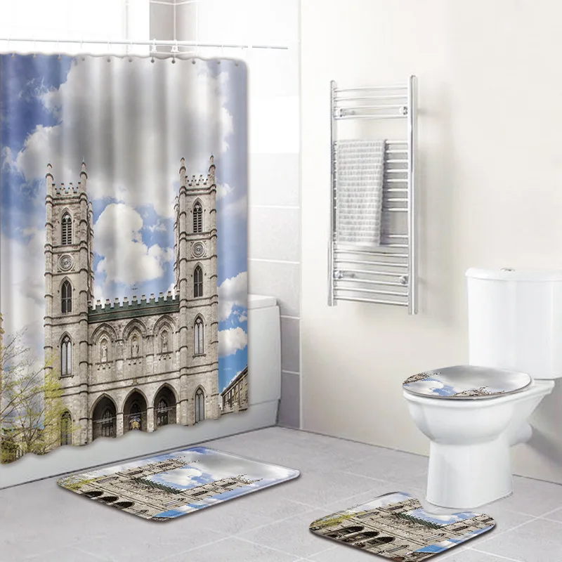 

Notre Dame de Paris 3D Print Shower Curtain Bathroom Waterproof Polyester Hooks Rectangle Anti-slip Toilet Cover Mat Bath Mat