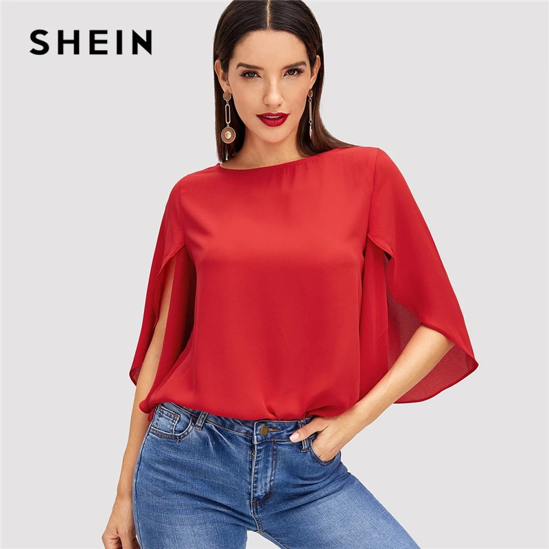 SHEIN Red Elegant Office Lady Butterfly Sleeve Split Trim O Neck Solid ...