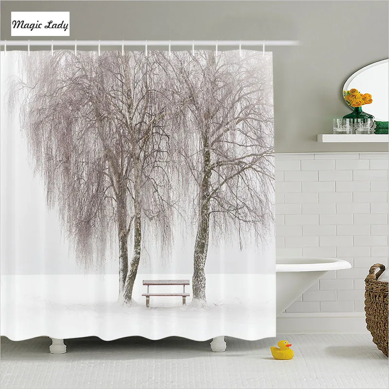 Shower Curtain Tree Of Life Bathroom Accessories Benches Park Snow Winter Storm Blizzard White