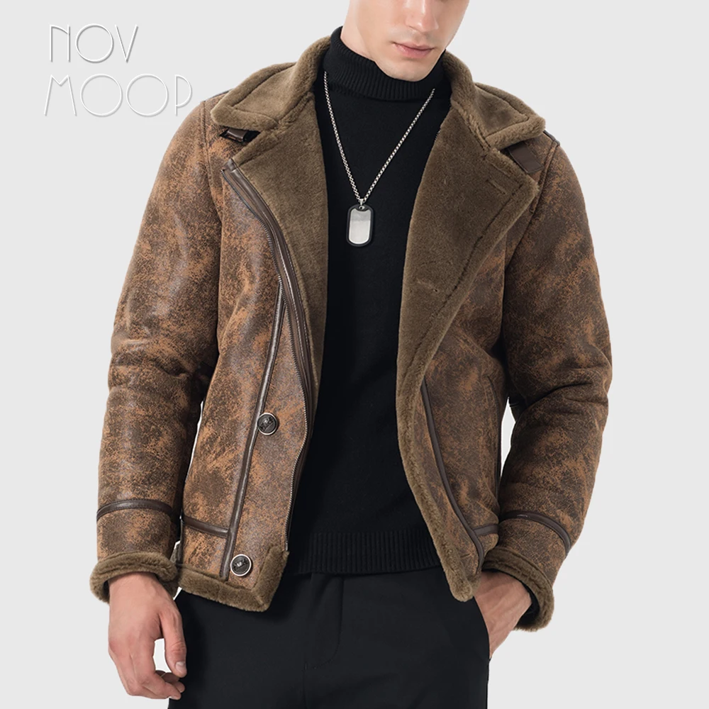 Winter warm men brown black genuine leather real lambskin shearling
