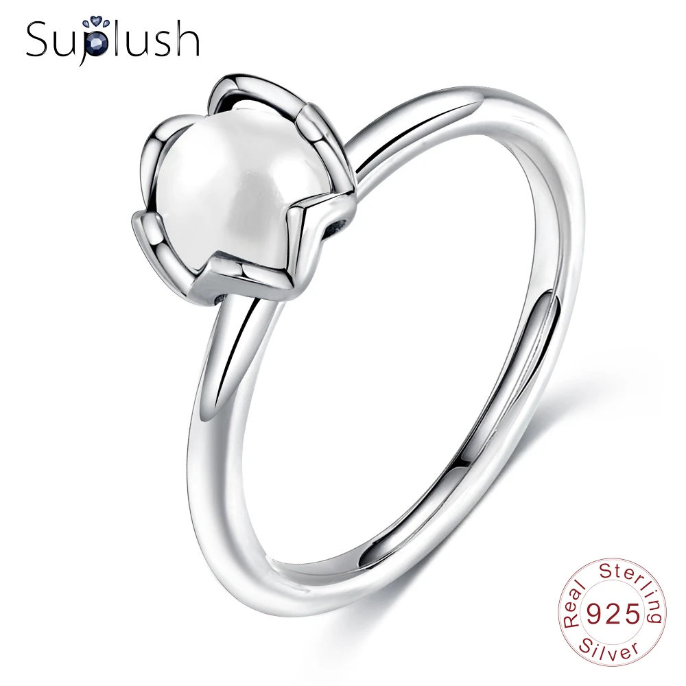 Suplush 925 пробы серебряные кольца палец кольцо с белым жемчугом для Для женщин подлинный элегантный Для женщин ювелирные изделия PSRI0017
