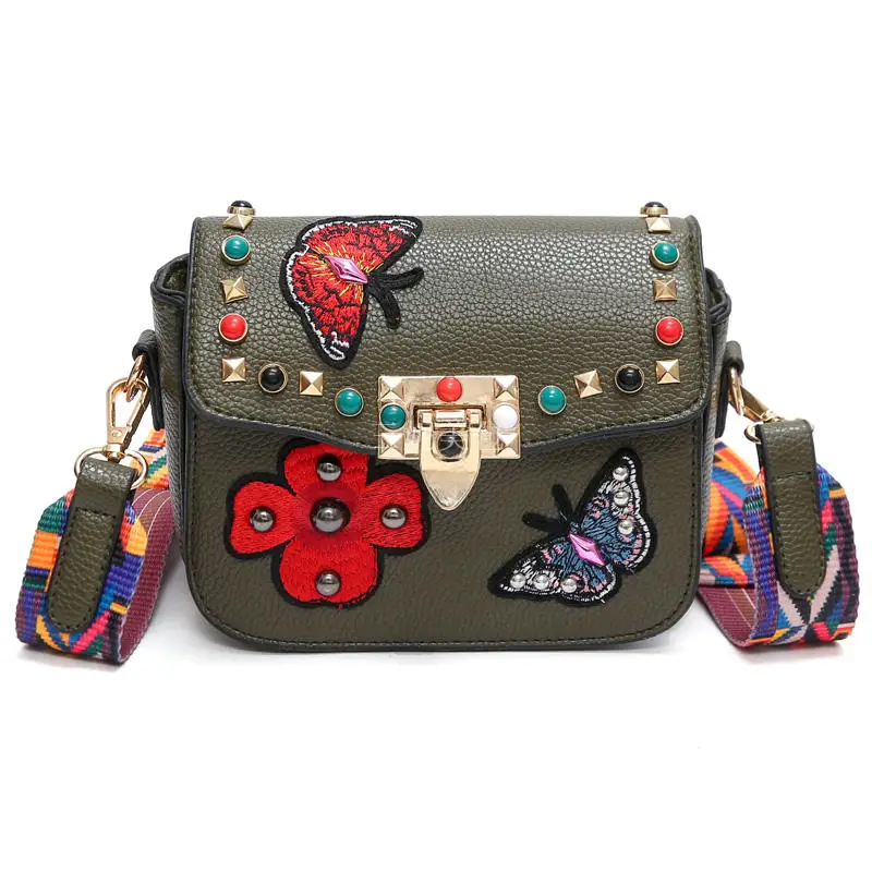 

2018 Butterfly Animal Pattern Fashion Mini Women Bags Rivets Embroidery Floral Bag Designer PU Leather Crossbody Bags Sac A Main