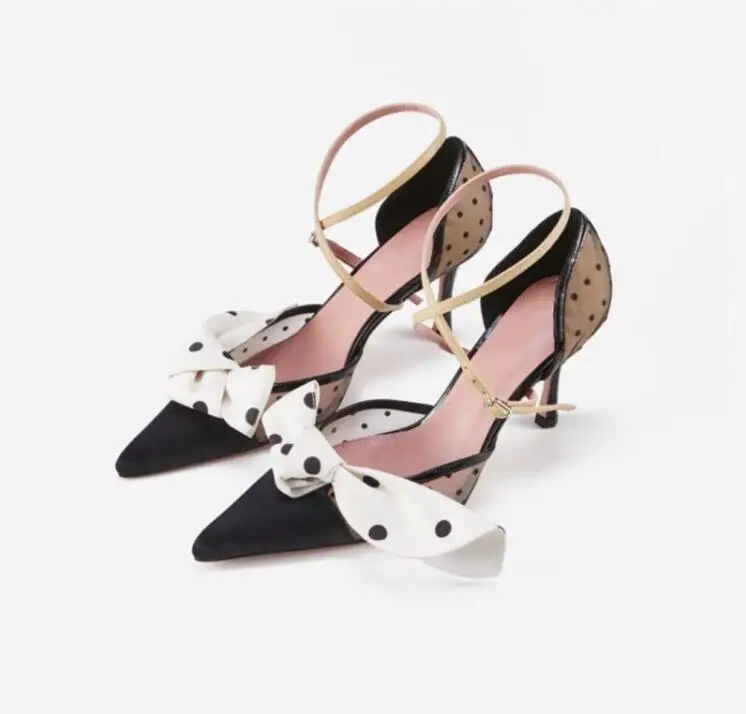 

Sexy Black Mesh Pointed Toe Women Shoes High Heels Wave Point Butterfly-knot Wedding Shoes Bride Cut-out Ankle Strap Shoes