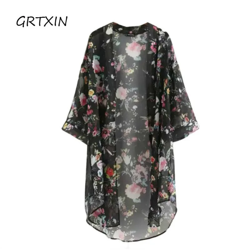 

2019 New Arrival Summer Sunproof Cardigan Fashion Women Printing Chiffon Bikini Cover Up Kimono Cardigan Coat 2 Colors Camisa