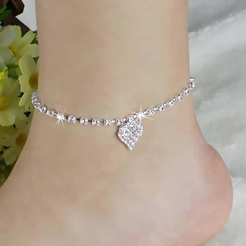 Women Rhinestone Love Heart Pendant Ankle Bracelet Chain Beach Barefoot