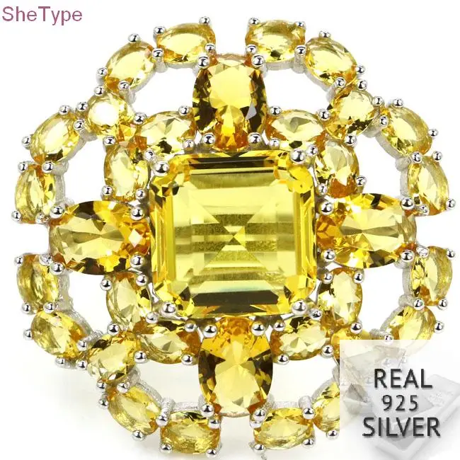 

9.0# SheType 7.8g Big Top Golden Citrine Ladies Wedding 925 Solid Sterling Silver Ring 30x30mm