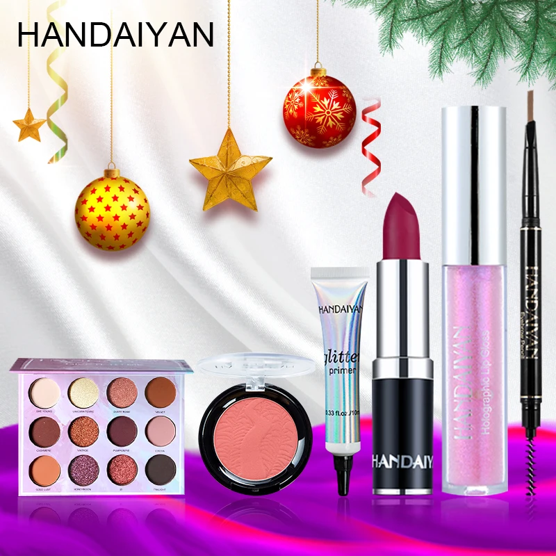 

HANDAIYAN 6Pcs Makeup Set Including Eyeshadow Matte Lipstick Lip Gloss Eyebrow Pencil Blush Powder Primer Kit Maquiagem TSLM2