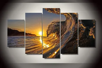 

Artwork Canvas Modular Picture Living Room Wall Art Home Decorative HD Printed 5 Pieces The Wave In The Sunset Beach Painting