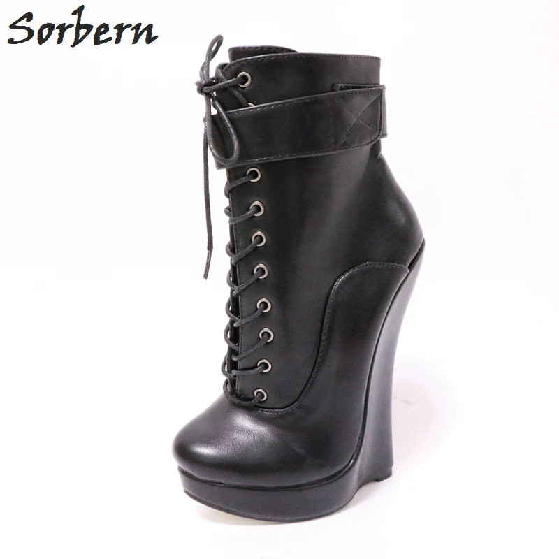 Women/'s High Wedge Heel Ankle Boots Leather Lace Up Fashion Boots Shoes Black
