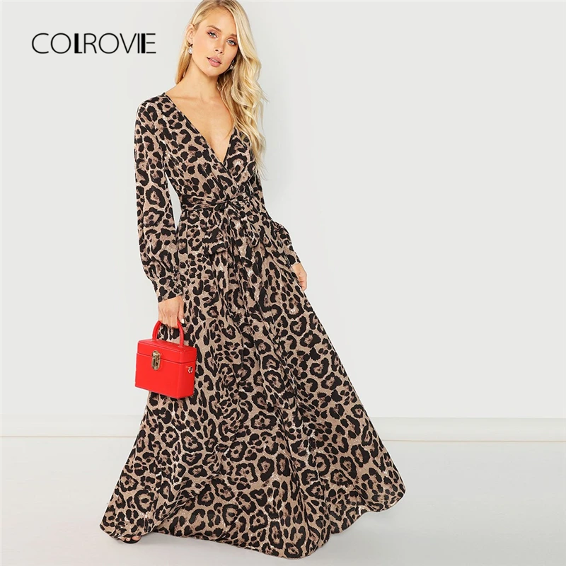 COLROVIE/сексуальное женское платье с бантом, глубоким v-образным вырезом и леопардовым принтом, осень, вечернее платье с длинным рукавом, элегантные платья макси для девочек