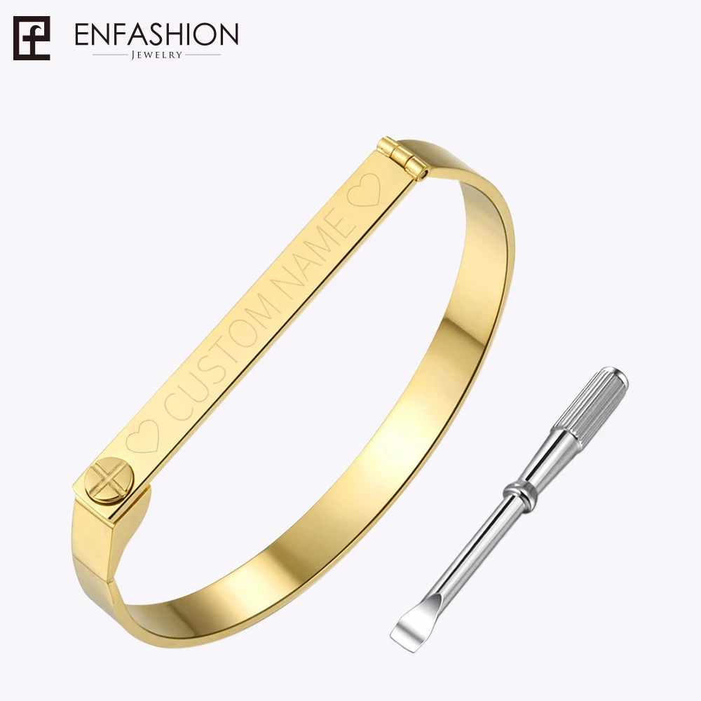 Enfashion Personalized Engraved Name Bracelet Gold Color Bar Screw Bangle Lovers Bracelets For
