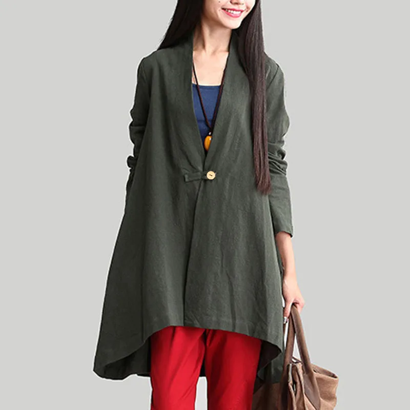 

Spring ZANZEA Women Open Stitch V Neck Long Sleeve Cotton Linen Cardigan Solid Irregular Hem Casual Coat Loose Jackets Plus Size