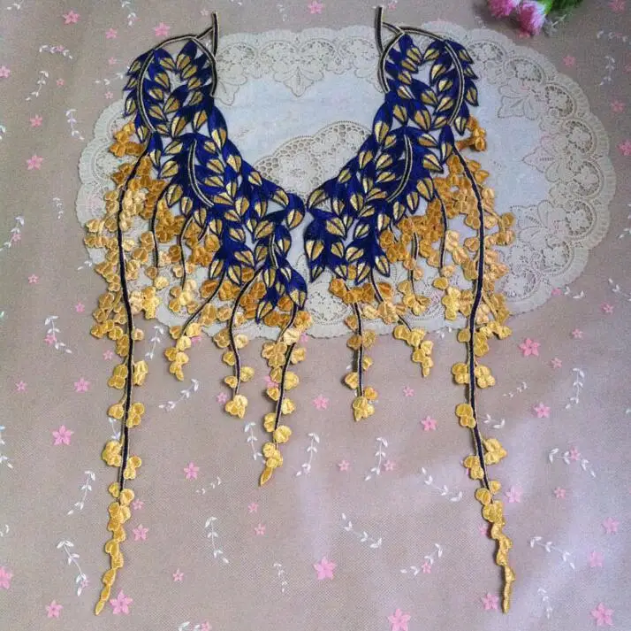 

1 set/2 piece 19*51cm Large Gold with blue Beautiful Embroidery Flower Lace Applique Collar