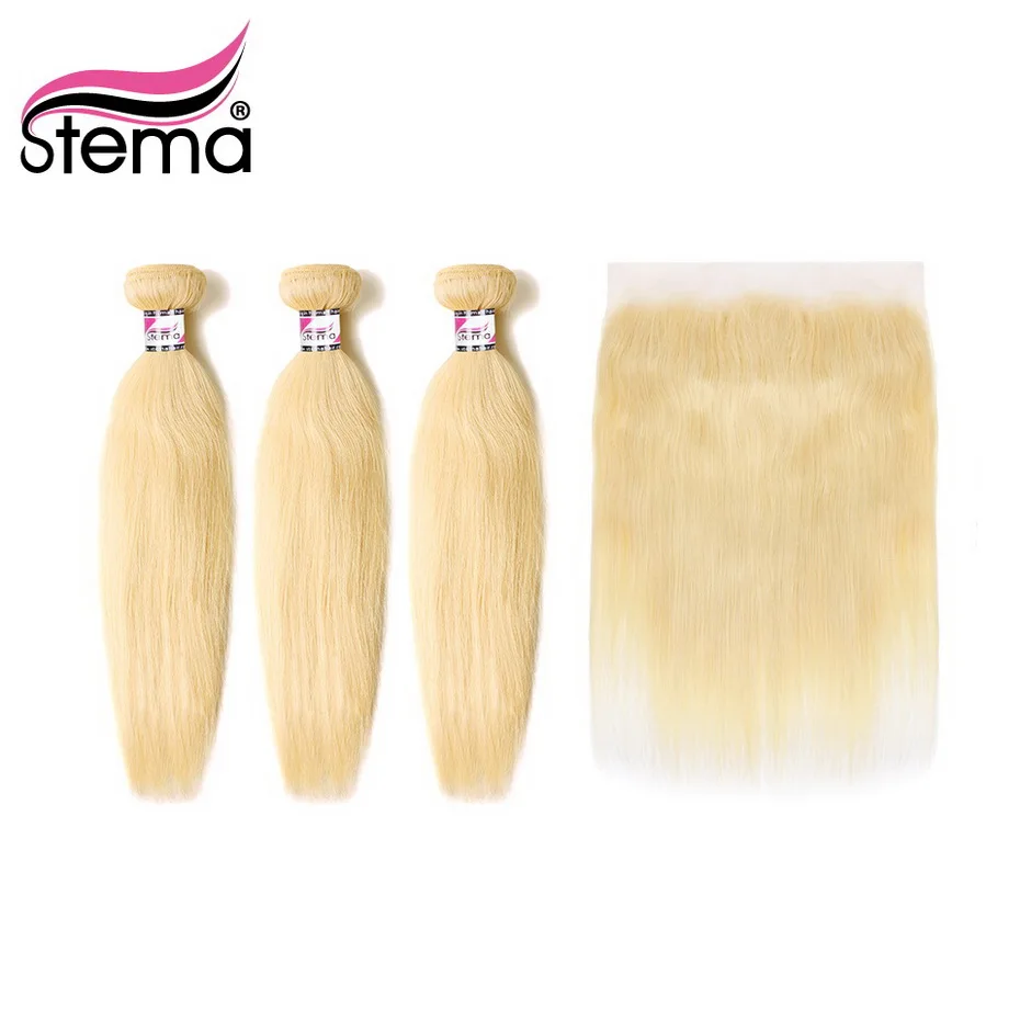 

Stema 613 Blond Straight 3 Bundles with 13*4 Lace Frontal Closure Blonde Brazilian Remy Human Hair Bundle Weaves
