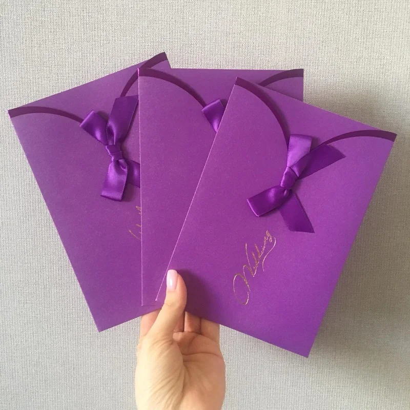  L008 Elegant Wedding Invitation card classic desing while color with satin bow 10 pcs per pack. - 32975231776