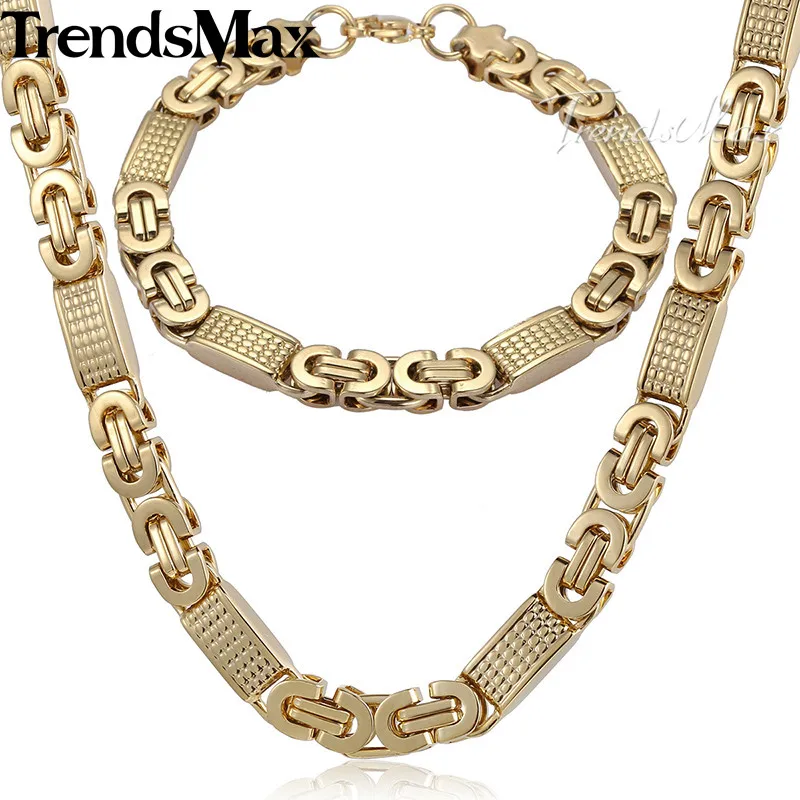 Trendsmax, ювелирный набор, 8 мм, Мужская цепочка, для мальчиков, браслет, золотой тон, плоская Византийская связь, нержавеющая сталь, ожерелье, браслет, набор KS164