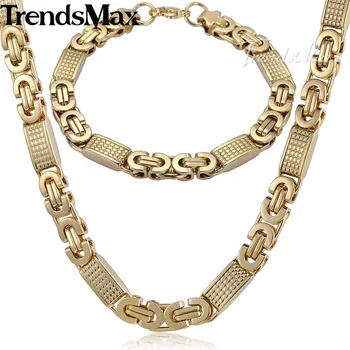

Trendsmax JEWELRY SET 8mm Mens Chain Boys Bracelet Gold Tone Flat Byzantine Link Stainless Steel Necklace Bracelet Set KS164