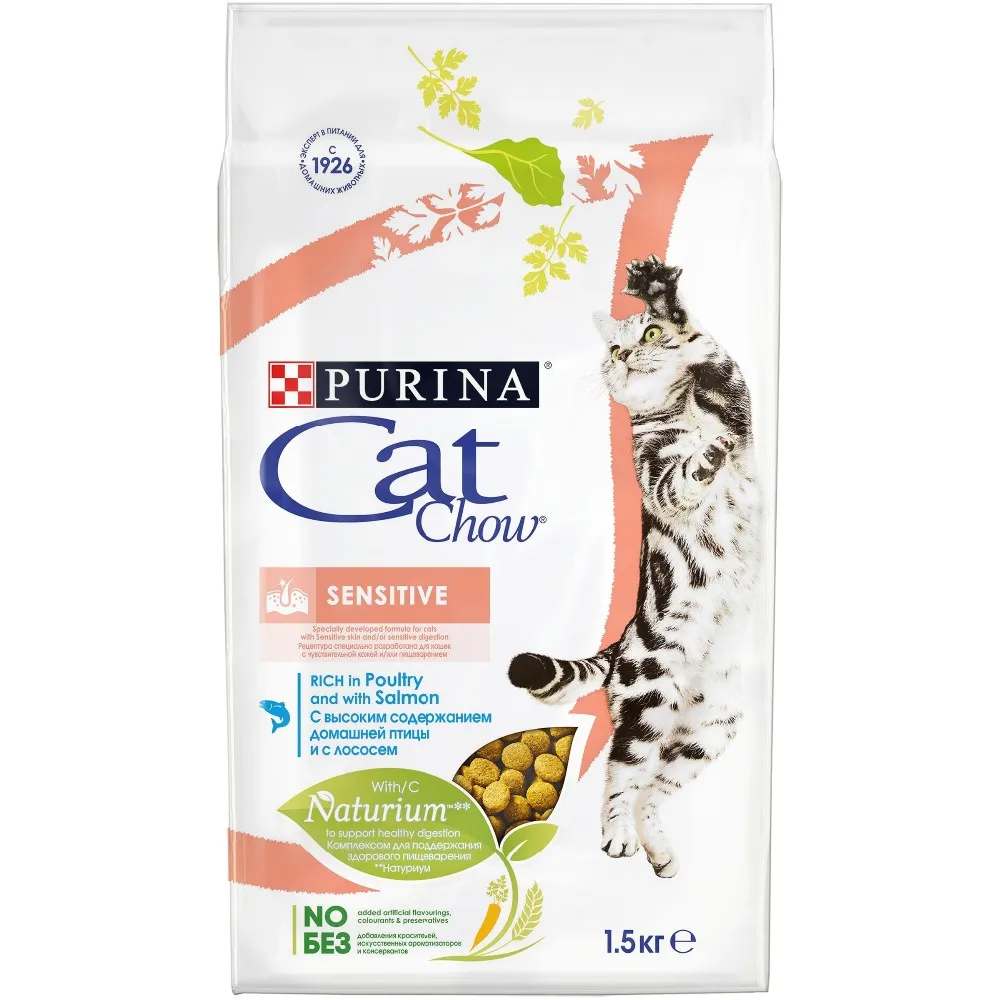 Сухой корм Cat Chow для взрослых кошек с чувствительным пищеварением с высоким содержанием домашней птицы, с лососем, 12 кг