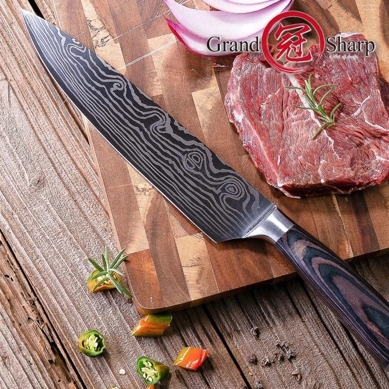 Best Chef Knife 8 inch Professional Kitchen Knives Laser Sanding Japanese Damascus Pattern High Carbon Stainless Steel Gift Knife