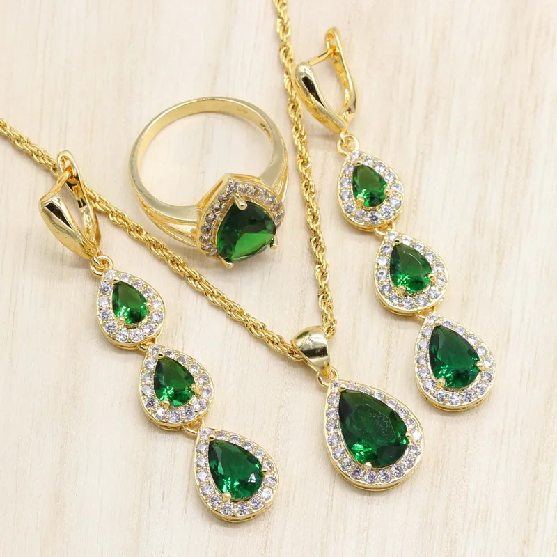 Женские Золотые Ювелирные наборы зеленый фианит длинные CZ серьги подвеска ожерелье кольцо браслет