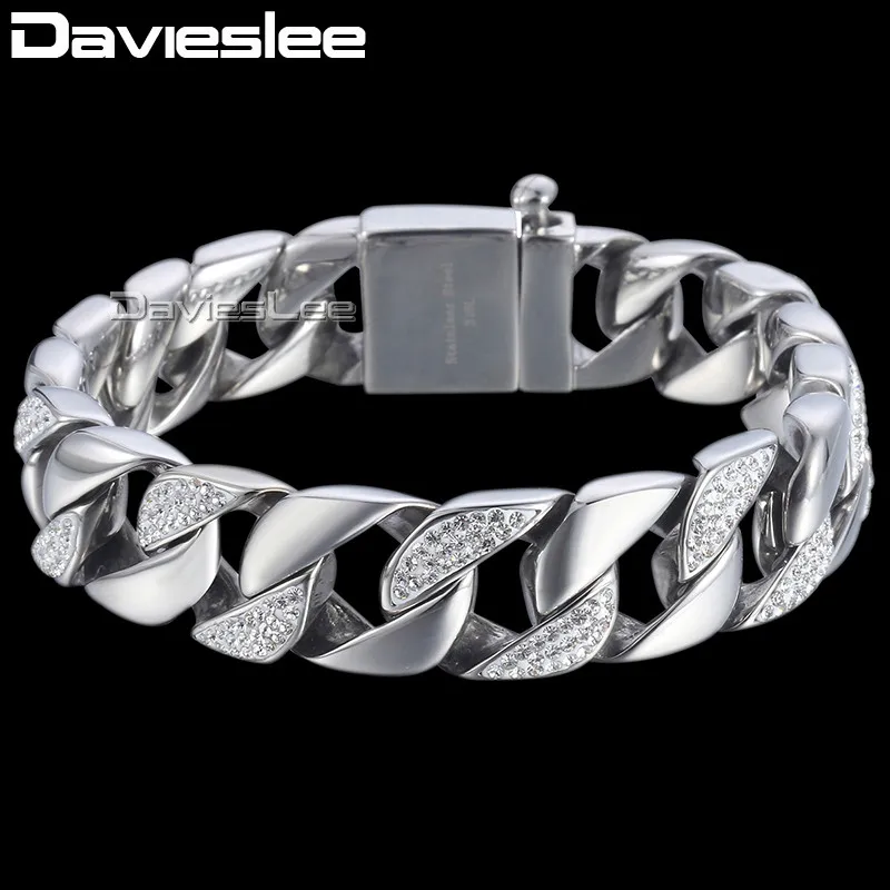 

Davieslee Curb Link Bracelet Chain Mens Boys Iced-out Rhinestones Hiphop 316L Stainless Steel Silver Tone 15mm DHB467