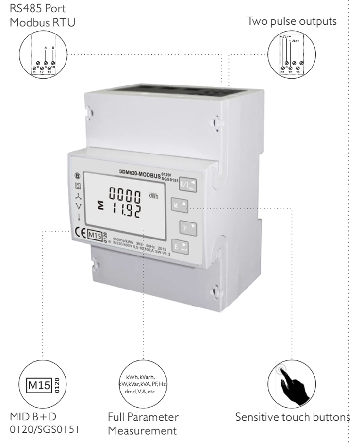 100A SDM630 Modbus RS485 din-рейка кВтч трехфазный счетчик энергии Солнечный фотоэлектрический счетчик энергии RTU цифровой измеритель