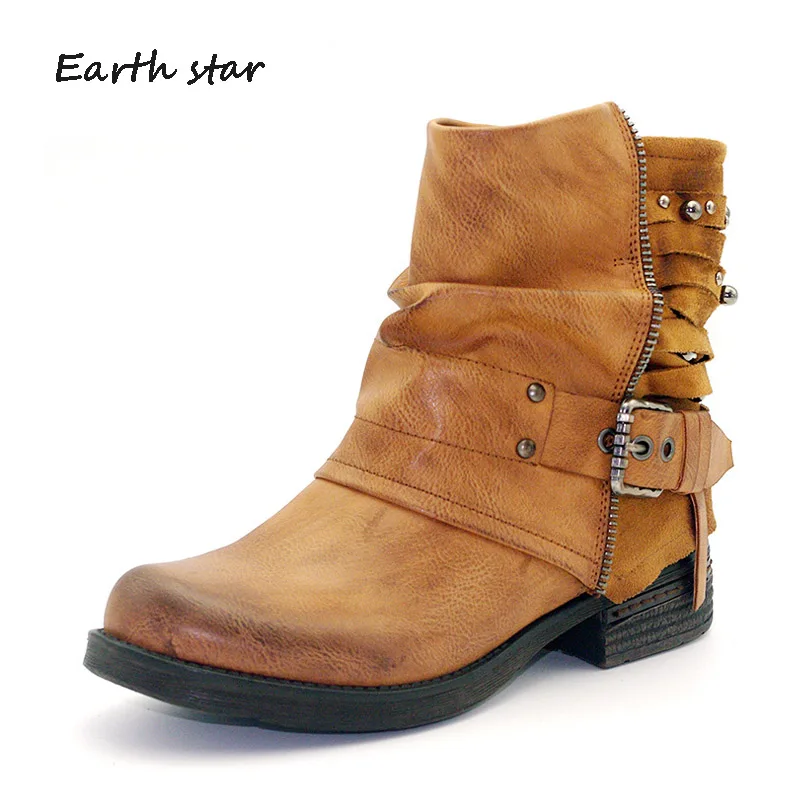 Dame La Étoile De Noir Femmes Bottes gris Rétro Terre Chaussures marron 2018 Marque Automne Martin Cheville Creux Rivets Boucle Femelle Mode trshCQd