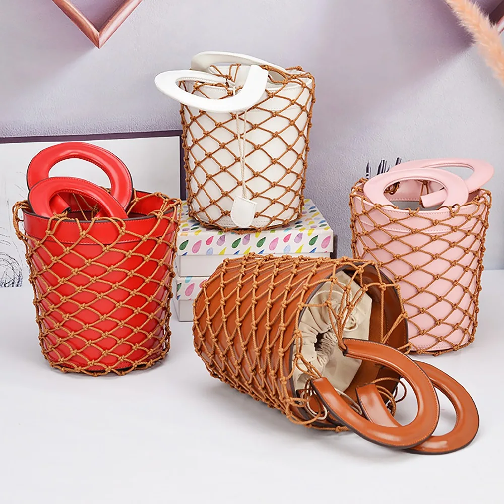 

Fashion Women Hollow Out Genuine Leather Tote Travel Beach Bag Net Bag Luxury Designer Bucket Handbags for Dropshipping