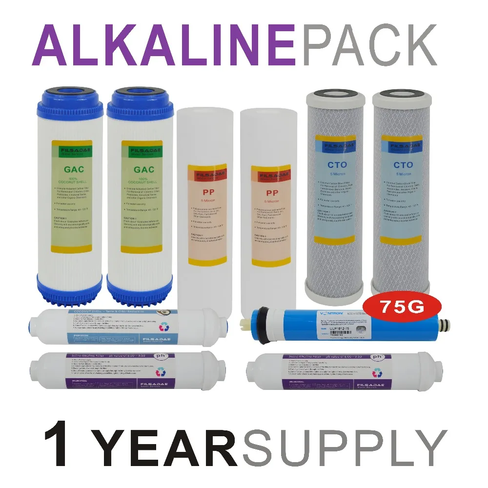 

Alkaline Reverse Osmosis System Replacement Filter Sets - 10 Filters with 75 GPD RO Membrane Elements -1 Year Supply