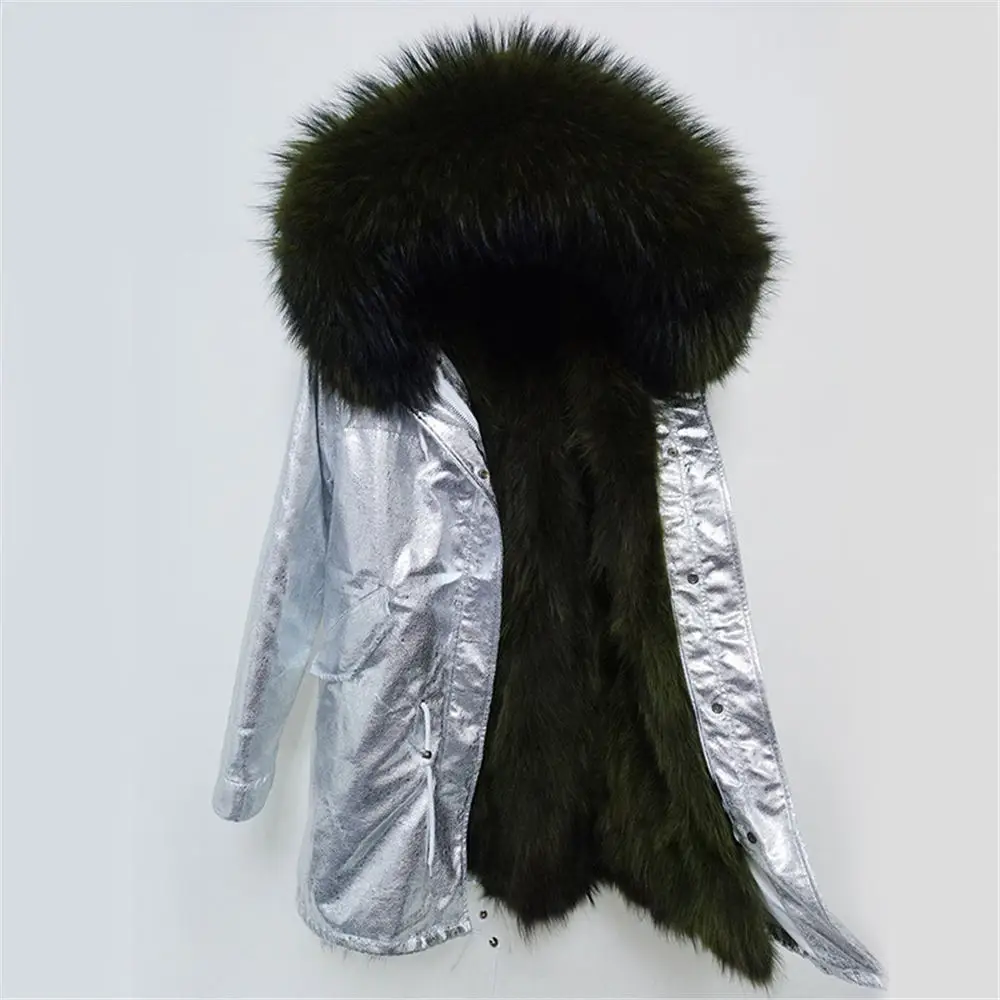 Новое модное зимнее женское серебряное пальто с воротником меха енота Парки Подклад натуральный мех лисы Куртка для улицы
