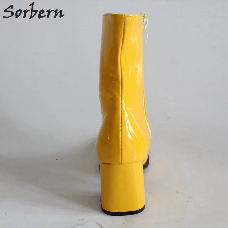 À Couleurs Hauts Pour Bout Chunky Dames Femmes Carré Latérale Bottes Sorbern Lumineux multi Jaune Brillant yellow Shiny Personnalisé Chaussures Talons Glissière Cheville Black Shiny KlF1TJc