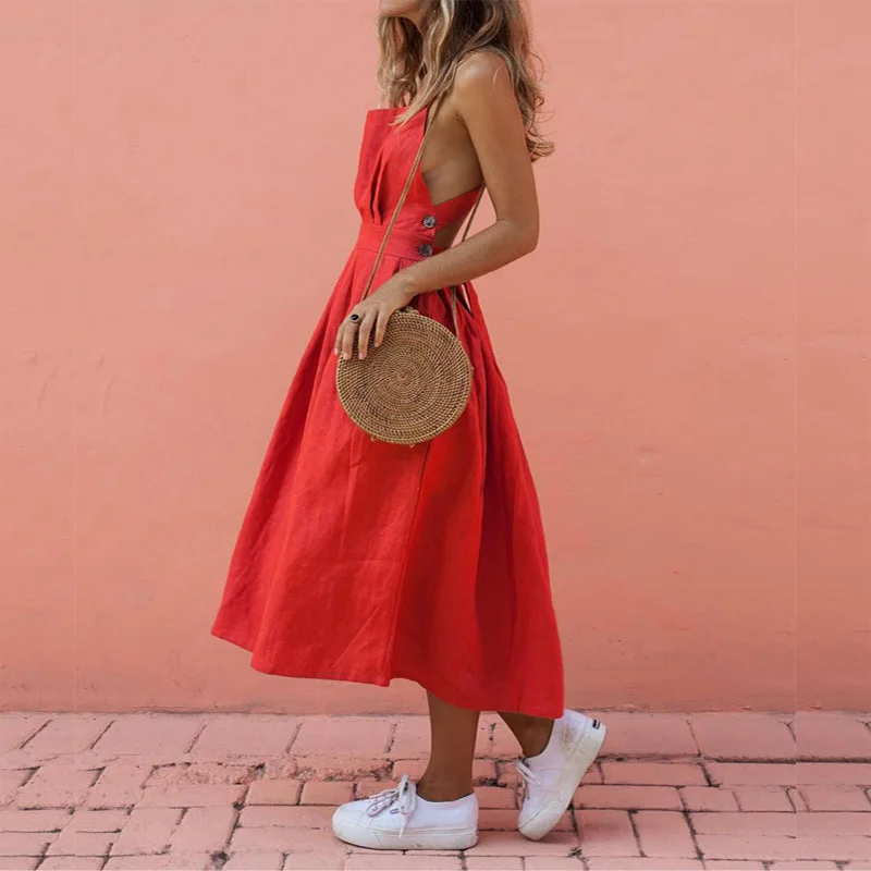 

Square-neck Sleeveless Dresses Blackless Long Dress Pockets Solid Cut Out Slim Bandage Hot Club Party Pleated Button Dresses