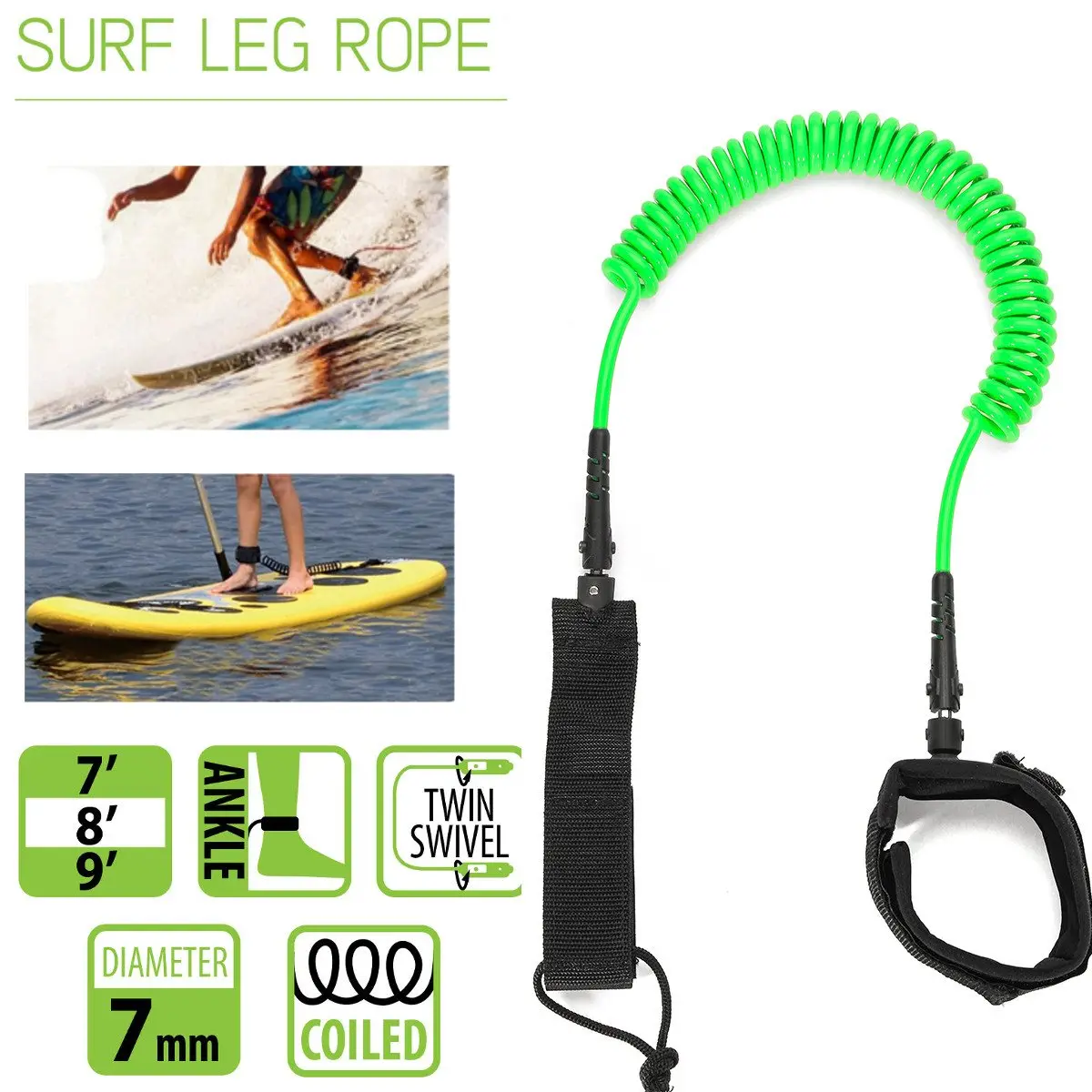 10ft 7mm SUP Ankle Leash Surfboard Coiled Stand UP Paddle Board TPU