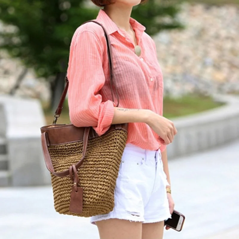 Women Straw Bag Female Beach Handbag INS Popular Ladies Patchwork Shoulder Bags Fashion Summer Large Weave Vacation Tote SS3050 (13)
