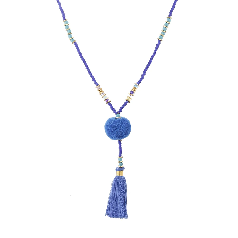 

Lureme Bohemia Beaded Stone Tassel Necklace with Pom Pom Pendant for Women Long Necklaces Sweater Chain (nl005474)