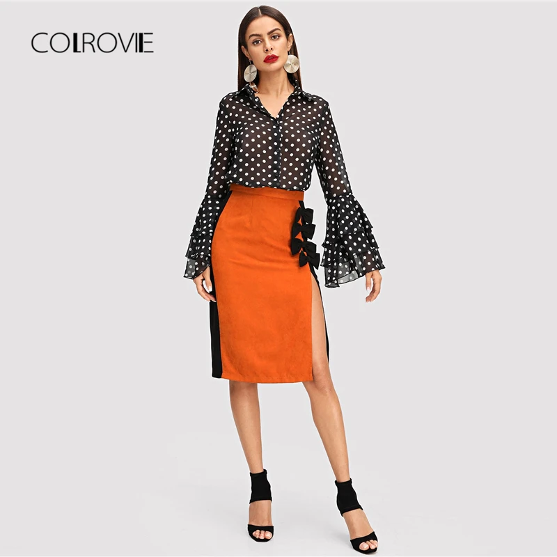 COLROVIE Black Tiered Ruffle Dot Print Elegant Blouse Shirt Women 2018 Long Sleeve Work Blouse Sexy Women Tops And Blouses