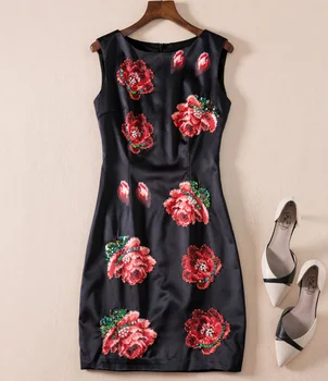 

New Arrival Fashion Beaded Women Dress Luxury Flower Print Sleeveless Dresses