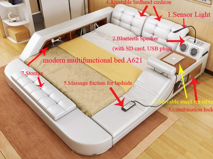Современная кожаная кровать с ящиком для хранения, набор мебели для спальни с массажем
