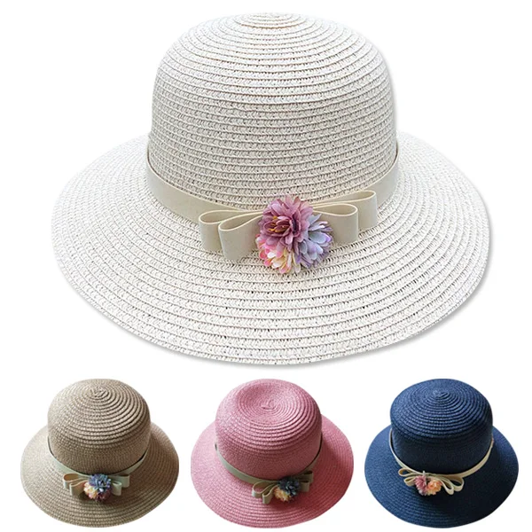 

Newly Sun Flat Straw Hat Girls Bow Summer Hats Women Beach Panama Sun Protection Cap BF88