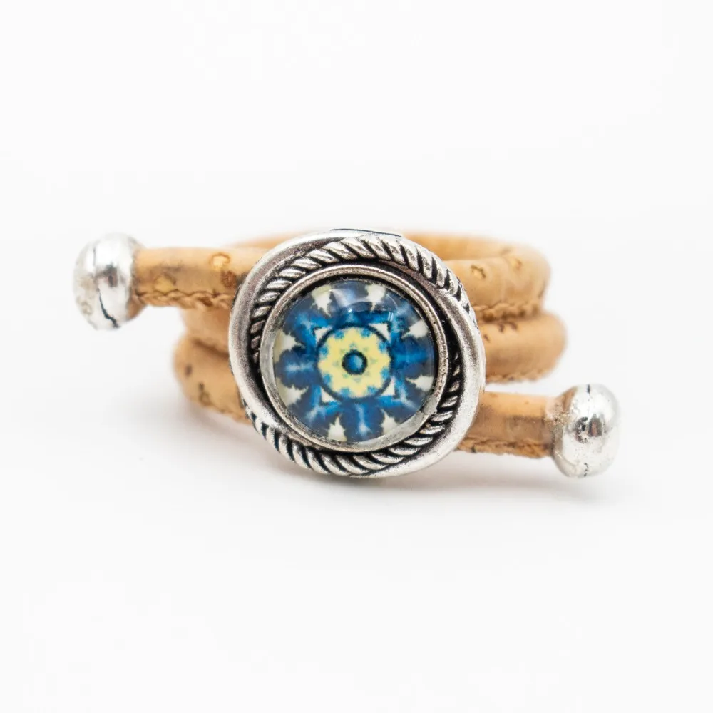 

Natural Cork traditional ceramic tile ring vintage women Ring original adjustable wooden jewelry R-084